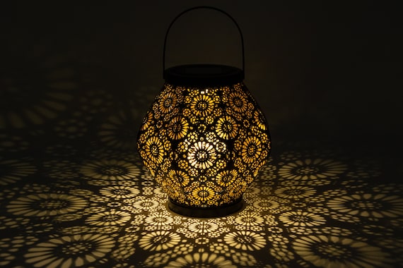 Solar Lantern Punched Metal, LED Light, Outdoor Art / Home Decor