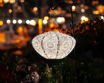 Solar Lantern 13" Lace Punch Hanging LED Light, Outdoor Yard Art / Home Decor or Garden Gift (Porcelain)