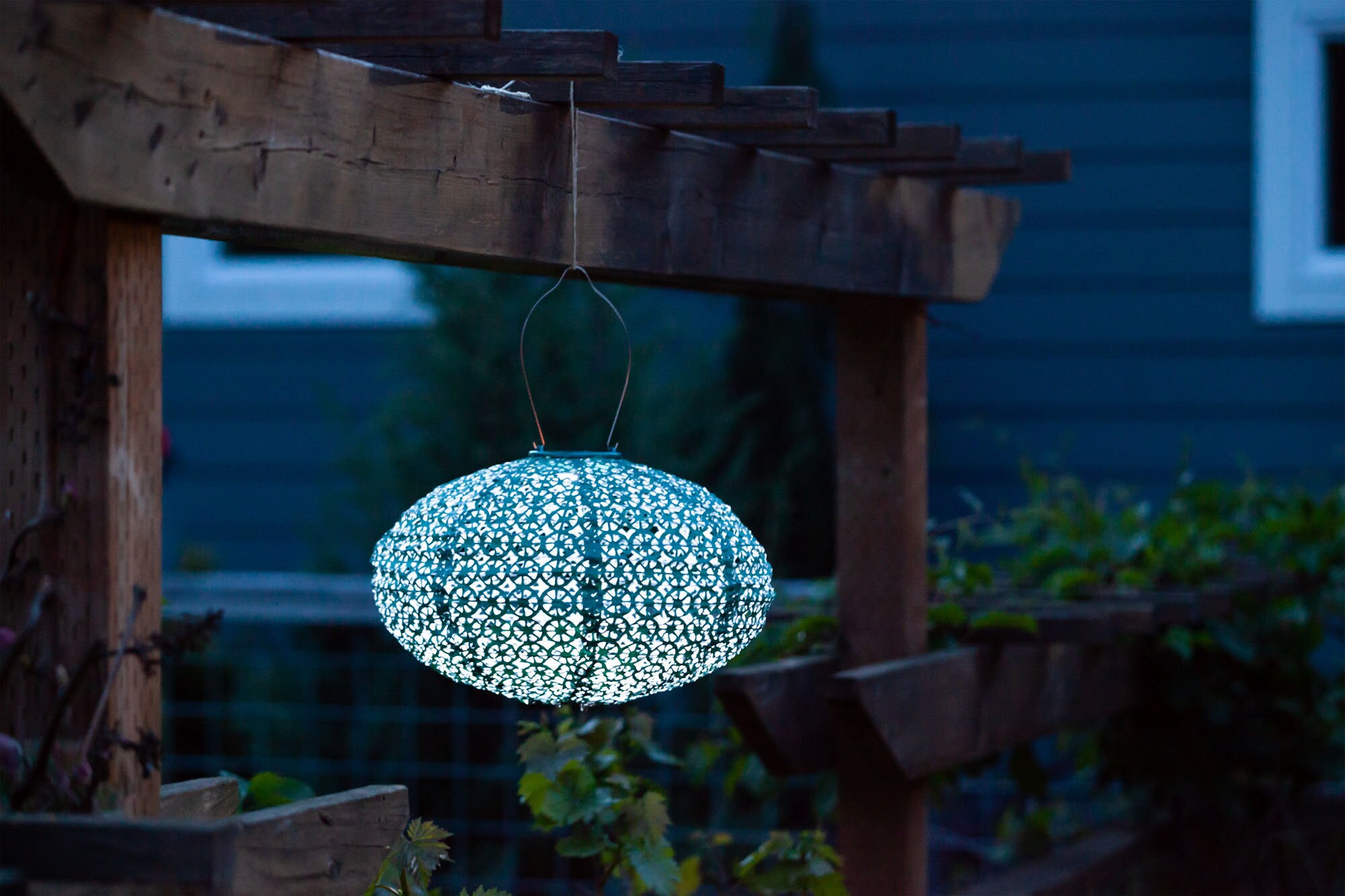 14″ Tyvek Fabric Solar Lantern - Soji Stella Oval Metallic