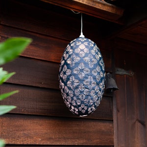 Indoor/Outdoor Tyvek® Fabric Pendant Lamp 22″ - Soji Stella Nova Geo Palm Pod Midnight Blue