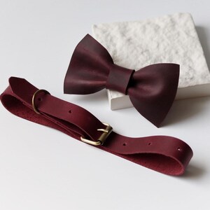 May include: A deep burgundy leather bow tie and a matching adjustable leather neck strap. The bow tie features a smooth finish, while the strap includes a metallic brass-toned buckle and multiple adjustment holes for a secure fit.