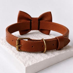 Peut inclure: Un collier pour animal en cuir havane doté d'un nœud papillon fixe sur le dessus. Le collier comprend une boucle en métal couleur laiton, un anneau en D assorti pour la laisse et un passant en cuir coulissant pour maintenir la sangle.