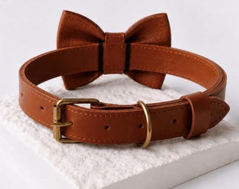 Leather dog collar with bow tie Wedding extra large dog bow tie