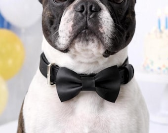 Black Leather Dog Collar & Leash with Bow Tie, Dog Wedding Attire, Dog of Honor