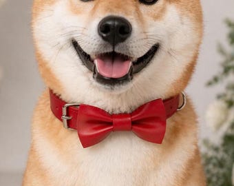Red Leather Dog Collar and Leash Set with Bow Tie, Wedding Dog Outfit, Romantic Pet Accessories, Dog Lover Gift