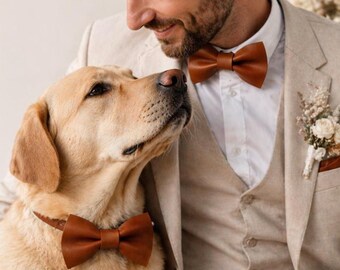 Matching Dog Owner Set, Leather Dog Collar, Leash and Bow Tie, Dog Wedding Attire