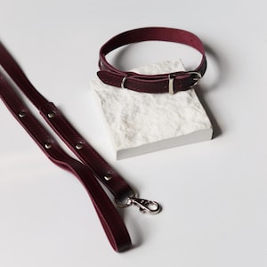 Lyxigt vinrött läderhalsband och koppel för hundar, present till hundälskare, elegant handgjort set för husdjur