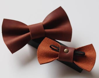 Pajarita y collar de cuero marrón burdeos para perro: Juego a juego para el dueño del perro, Regalos de Navidad para perros