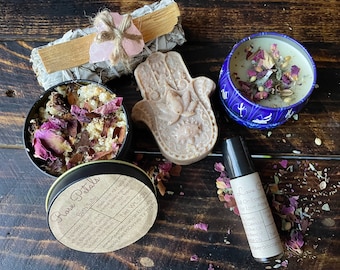 Valentines/galantines/smudge kits/palo santo/sage/crystals/bath salts/essential oil roll ons / beeswax candles /love /self care /pampering