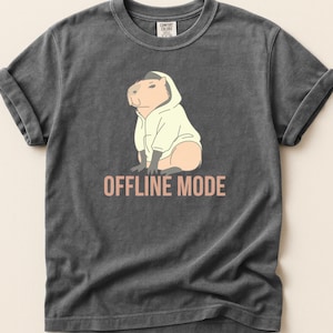 Puede incluir: Camiseta gris oscuro con mangas enrolladas. La camiseta presenta un dibujo de un carpincho con capucha, con las palabras "OFFLINE MODE" en una fuente marrón claro debajo. La camiseta es de material suave.