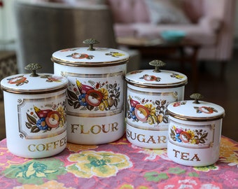 Georges Briard Enamel Canister Set Fruit Flower Design - Set of 4, MidCentury