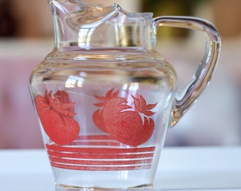 Vintage Glass Small Juice Pitcher w/ Red Tomato Pattern