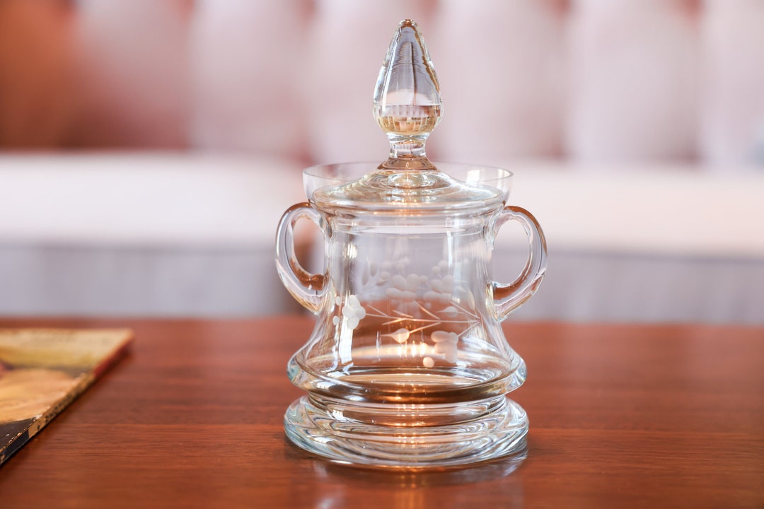 Crystal Etched Glass Sugar Bowl W Lid Double Handle Made in Etsy