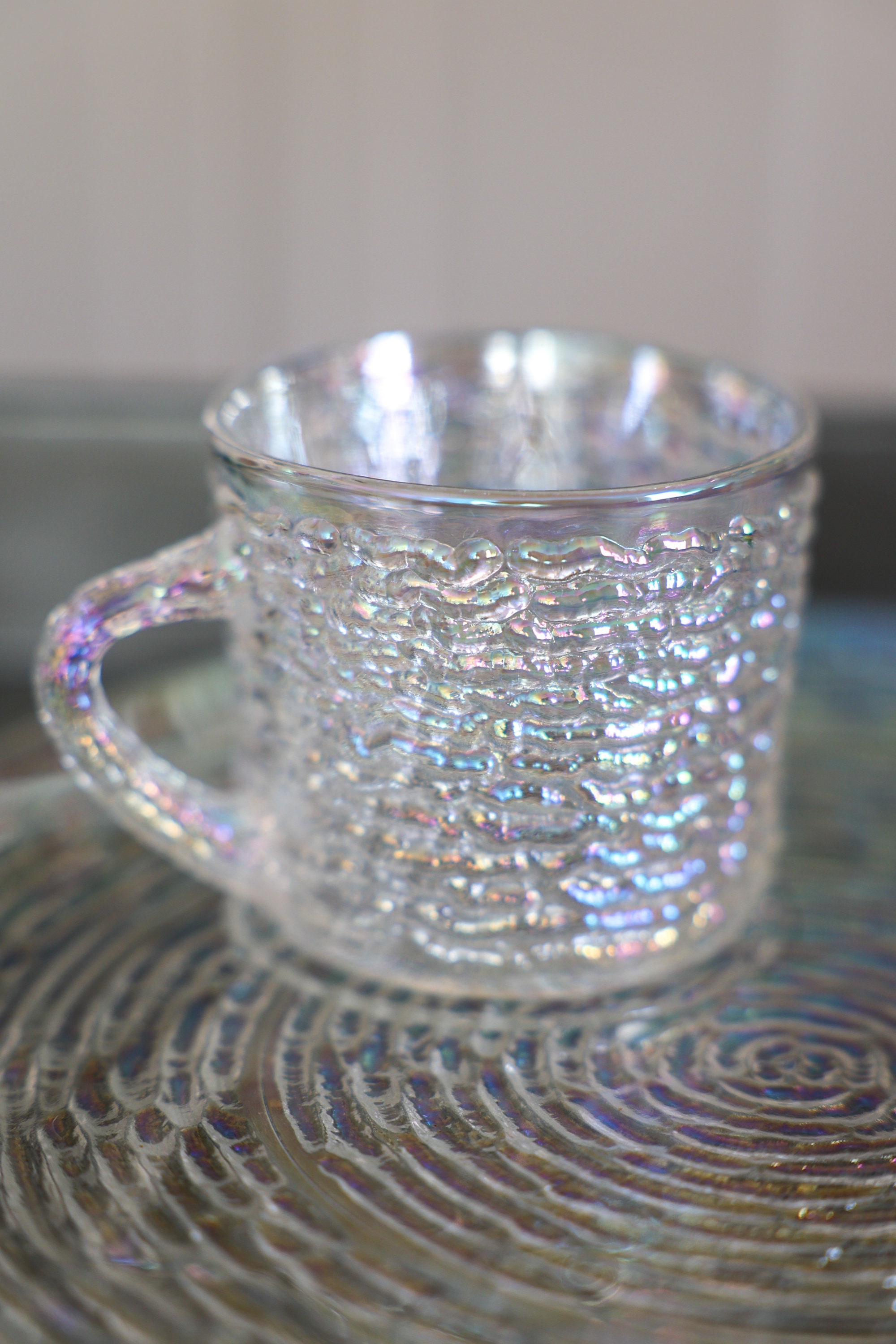 8 Piece Set, Vintage Aurora Iridescent Snack Sets, Anchor Hocking 