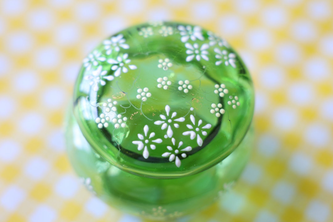 Antique Green Glass Dresser Box, Vanity Storage, Handpainted Flowers