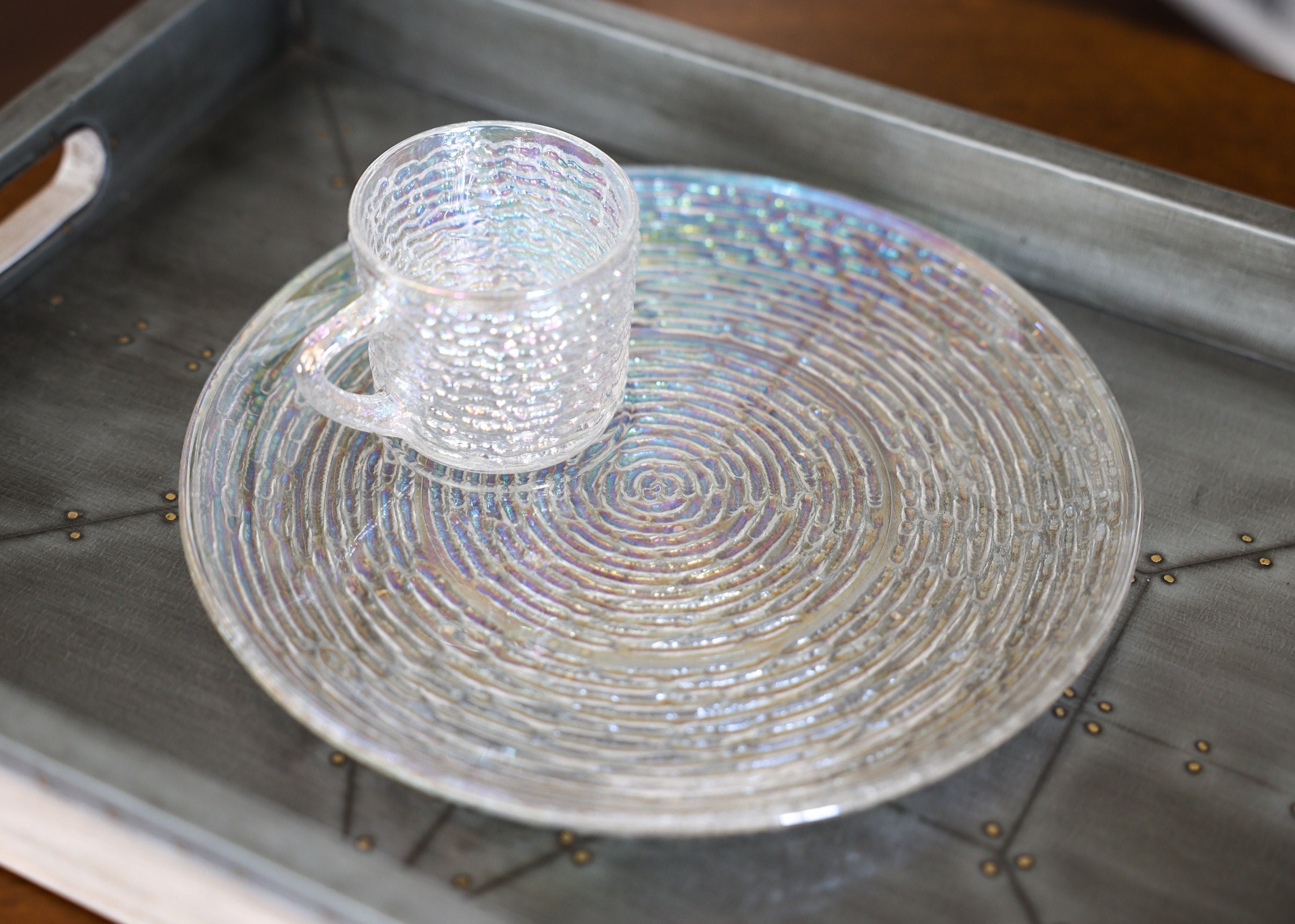 8 Piece Set, Vintage Aurora Iridescent Snack Sets, Anchor Hocking 