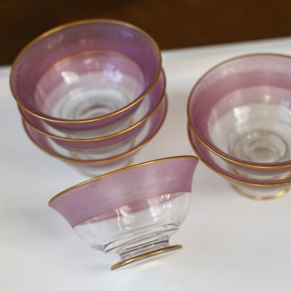 Set of 6, Vintage Glass Bowls, Sherbet Dishes, Pink Etched Trim, Gold Accents