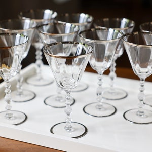Set of 10 Vintage Crystal Goblets, Wine Glasses, Platinum Band, Cambridge Glass Company, 1930s