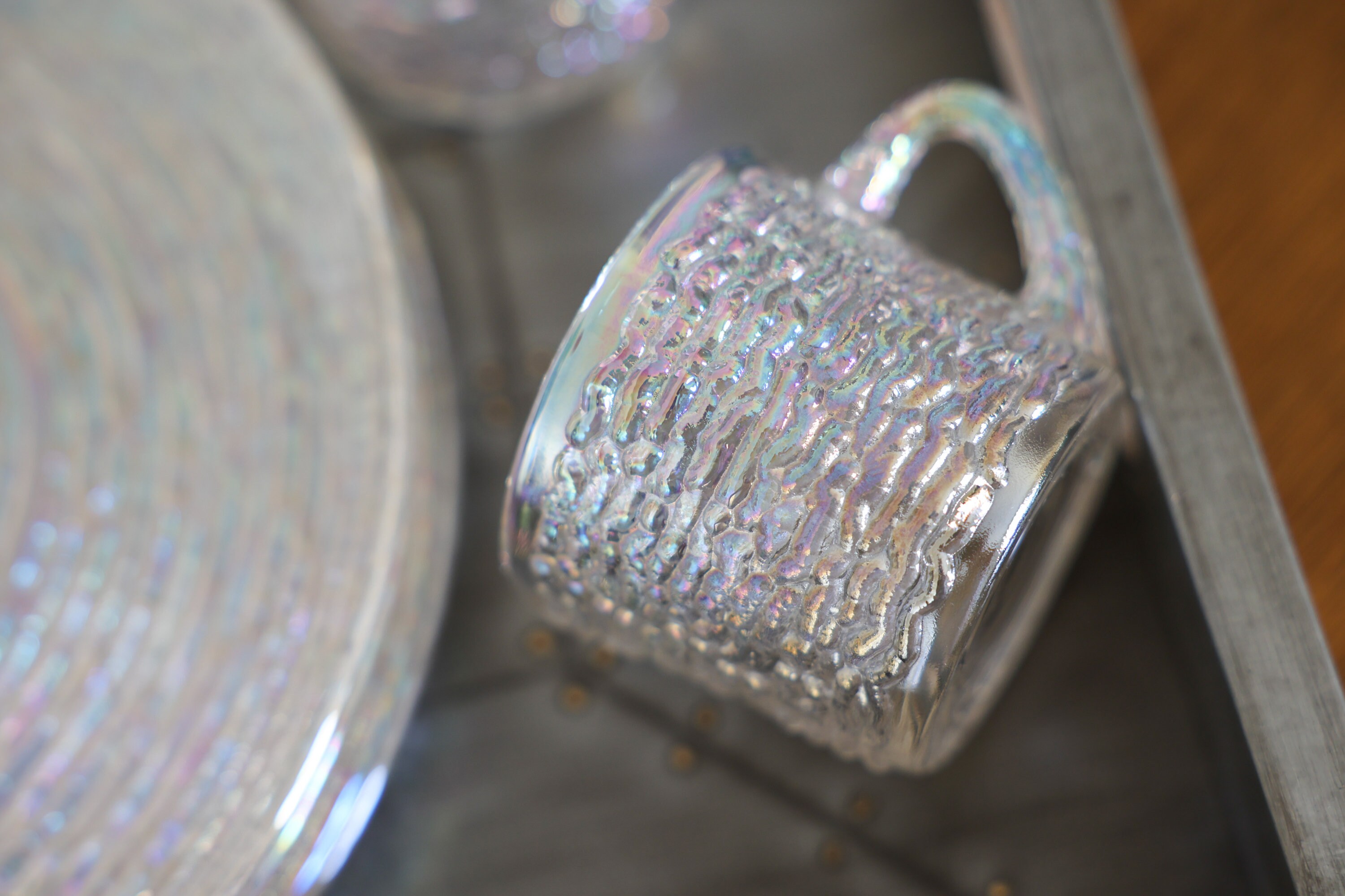 8 Piece Set, Vintage Aurora Iridescent Snack Sets, Anchor Hocking 