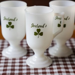 Set of 3, Milk Glass Irish Coffee Mugs, Ireland&#39;s with Shamrock, Vintage