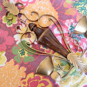 Vintage Wall Sconce Double Candleholder, Gold Wrought Iron, Wood
