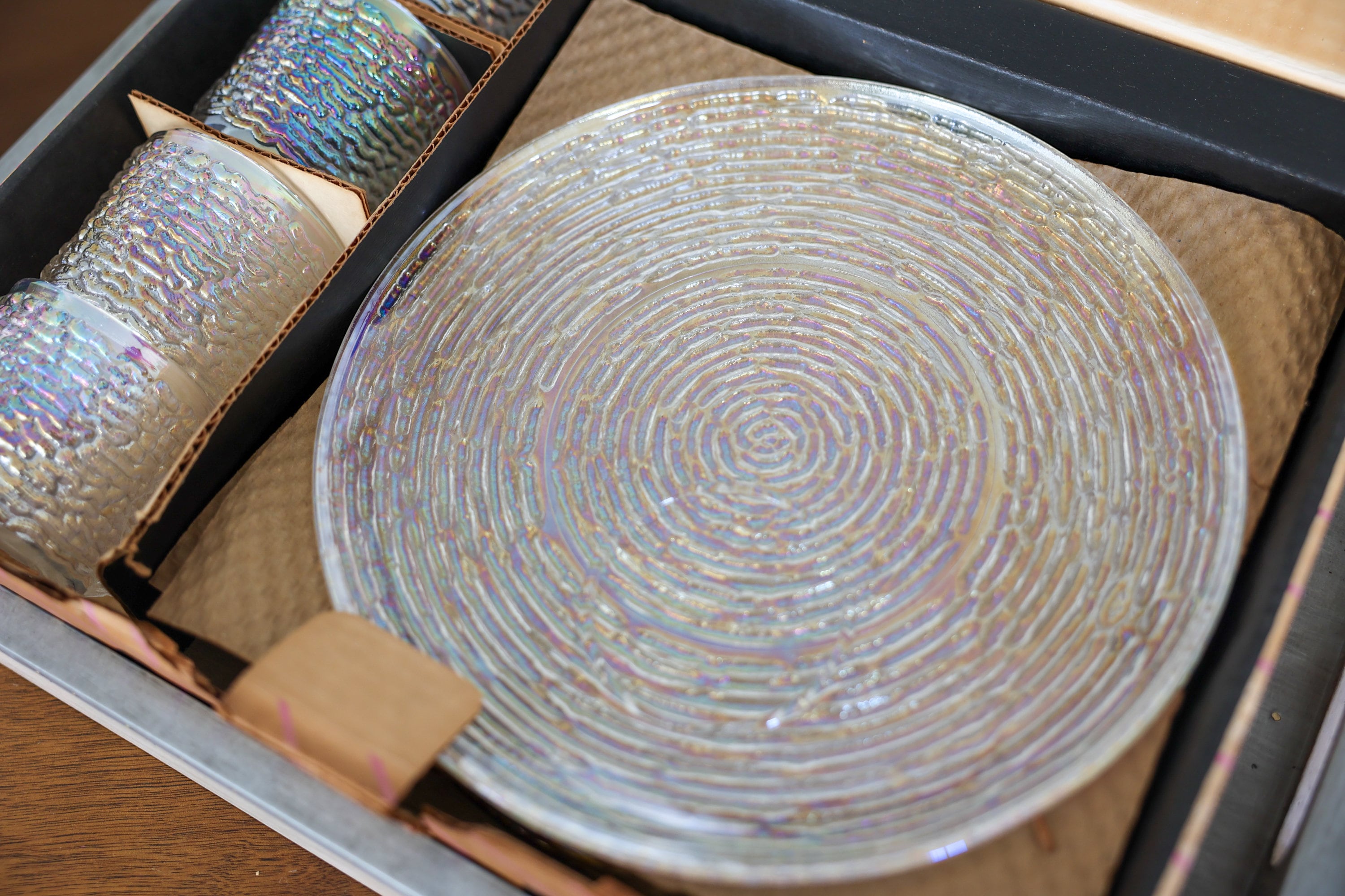 8 Piece Set, Vintage Aurora Iridescent Snack Sets, Anchor Hocking 