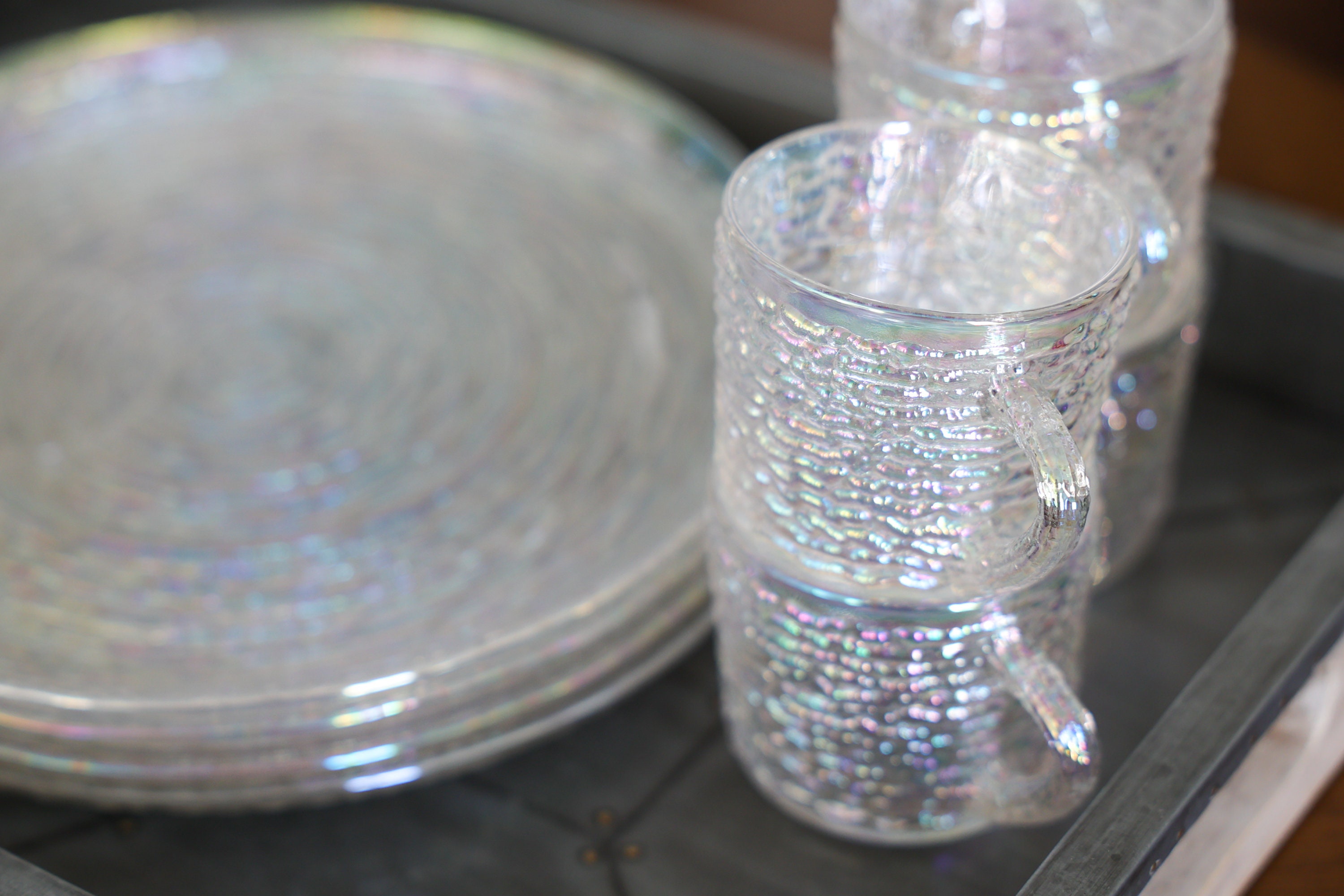 8 Piece Set, Vintage Aurora Iridescent Snack Sets, Anchor Hocking 