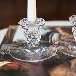Vintage Fostoria American Clear Crystal Candlesticks – Set of 2 Cube Cubist Glass Candle Holders, Elegant Wedding or Table Decor