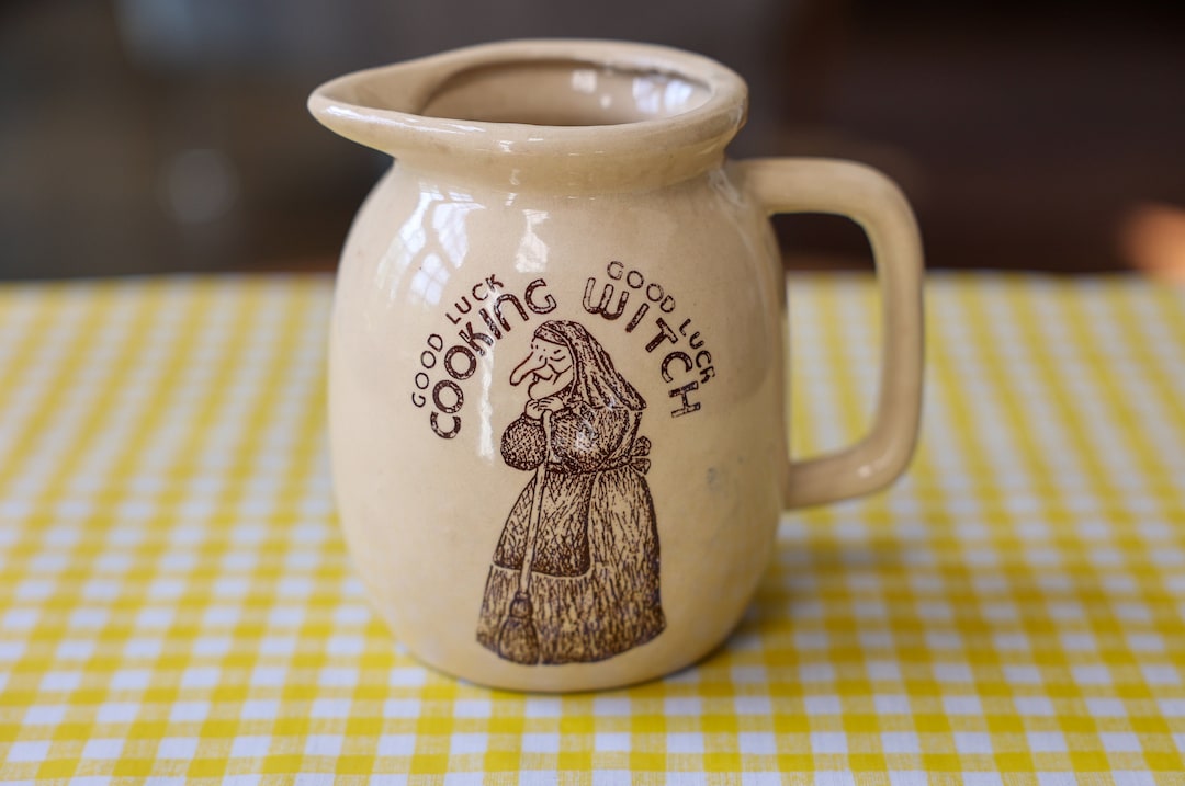 Vintage Good Luck Kitchen Witch Pitcher, Crock Utensil Holder - Etsy