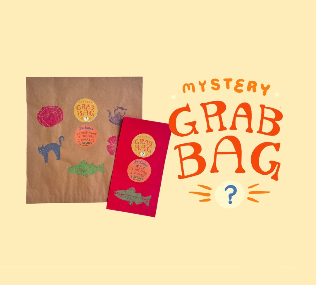 Mystery Grab Bag, Artist Print Grab Bag, Linoleum Print Grab Bag, Sticker Grab Bag, Postcard