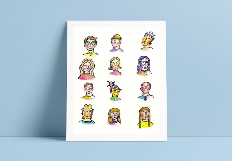 Funky Faces Hand drawn Illustration, Digital Art Print, Art Print Gift, Minimalist Drawing image 1