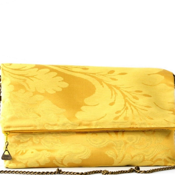 Pochette sac Barnabé GM, tissu damas jaune soleil, bandoulière chaîne