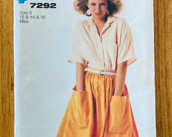 Size 12 ~ 14 ~ 16 ~ Easy To Sew ~  Cut But Complete Simplicity 7292 Misses Dolman Sleeve and Gathered Skirt Pattern