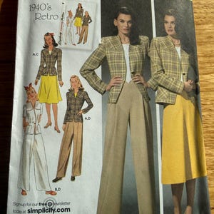 May include: A Simplicity 4044 sewing pattern envelope for sizes 20W-28W. The cover features illustrations and photographs of a plaid blazer paired with either wide-leg trousers or a skirt. Text includes 1940's Retro, Simplicity, and 4044.