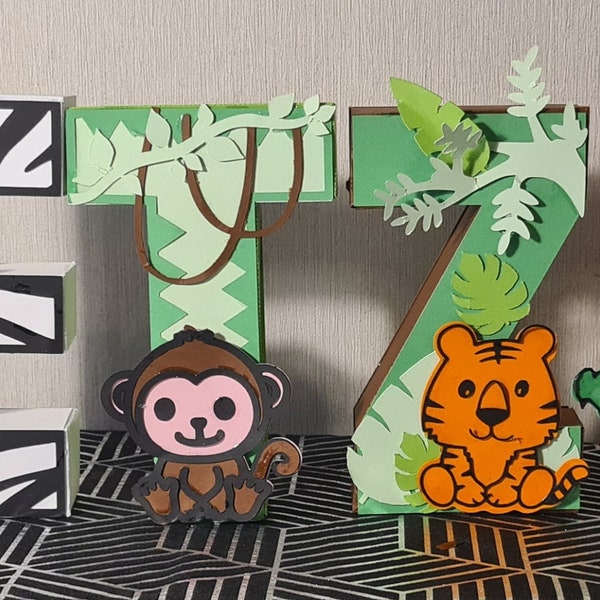 Lettre 3D - Prénom - Safari - Jungle - Savane - Anniversaire - Thème - Papier - Cadeau - Décoration - Unique - Orginal - Animaux