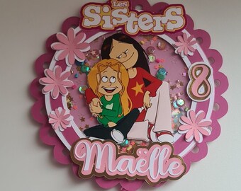 Cake topper shaker- Paper decoration for birthday cake - The sisters - Pink - Glitter - Flowers