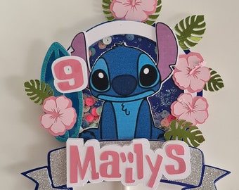 Cake topper shaker- Paper decoration for birthday cake - Stitch - Character - Customizable - Tropical - Ohana