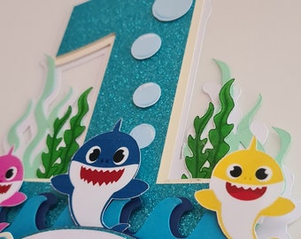 Cake topper - Decoración de papel para pastel de cumpleaños - Pastel de números - Bebé Tiburón - Marinero - Océano