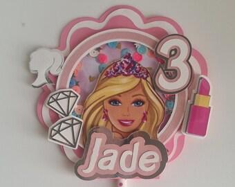 Cake topper shaker- Décoration en papier pour gâteau d'anniversaire - Barbie - Paillettes - Personnage - Personnalisable - Rose