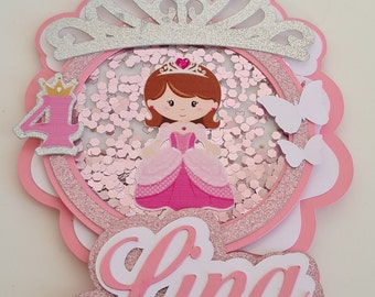 Cake topper shaker - Décoration pour gâteau d'anniversaire -  thème princesse - fille - rose - paillettes - couronne