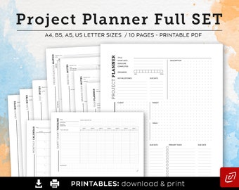 May include: A set of ten printable project planner pages in A4, B5, A5, and US Letter sizes. The documents feature black text on white paper, including sections for project titles, deadlines, progress bars, milestones, tasks, and various note formats.