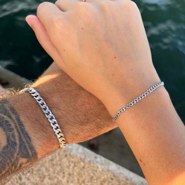 Couples matching bracelets, Cuban link chain, silver bracelets, gift for him, gift for her, silver jewelry