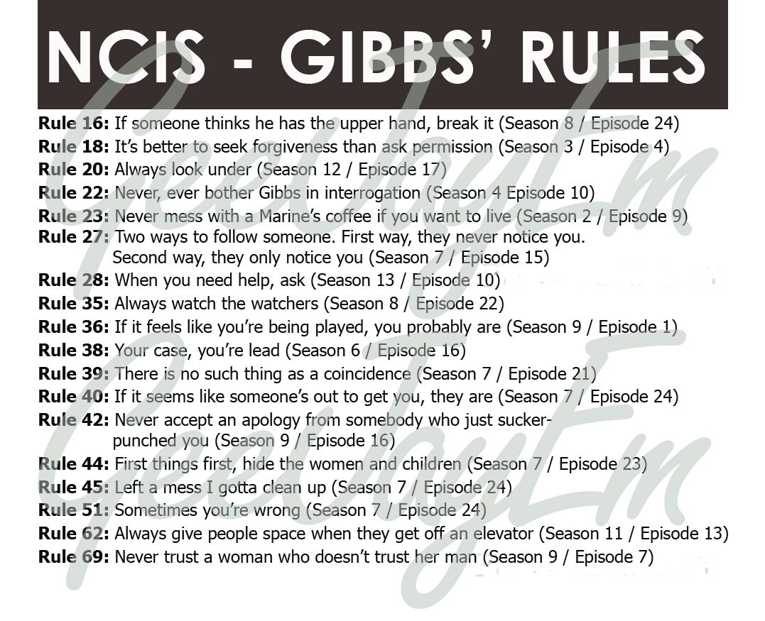 Updated NCIS Gibbs' Rules with Season and Episode Listing Updated April ...