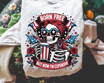 Nací libre pero ahora soy caro PNG Retro 4 de julio Png Esqueleto divertido Sublimación del Día de la Independencia de Estados Unidos retro del 4 de julio