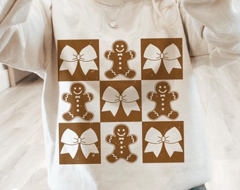 Retro Coquette Checkered Gingerbread Man PNG, Gingerbread Bow Png, Trendy Distressed Christmas PNG, Holiday Shirt Design, Xmas sublimation