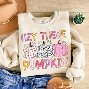 May include: A cream-colored sweatshirt with the text "Hey There Pumpkin" in pink, orange, and yellow letters. The text is surrounded by three pumpkins with different patterns: one with pink and white polka dots, one with black and white spots, and one with pink and white leopard print.