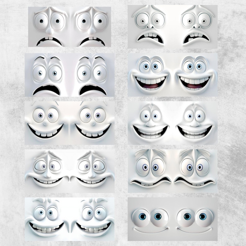 May include: A digital illustration of a white cartoon face with various expressions. The face is shown with different emotions, including happy, sad, surprised, and angry. The illustration is perfect for use in digital projects, such as websites, social media, and presentations.