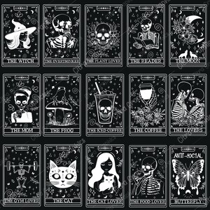 May include: A set of 16 black and white tarot cards featuring illustrations of skeletons, plants, animals, and other objects. Each card has a title, such as "The Witch", "The Overthinker", "The Plant Lover", and "The Moon".