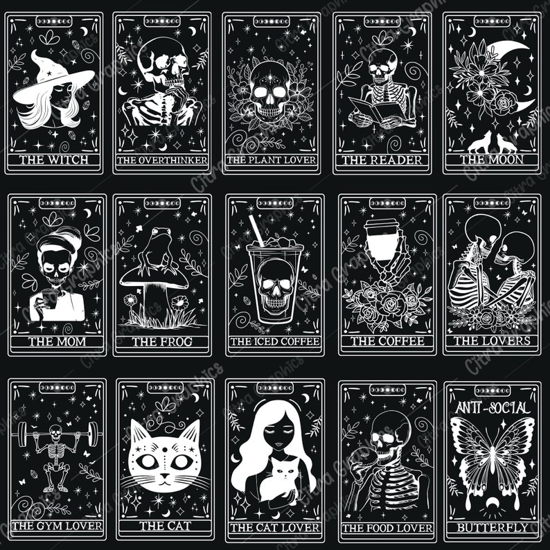 May include: A set of 16 black and white tarot cards featuring illustrations of skeletons, plants, animals, and other objects. Each card has a title, such as "The Witch", "The Overthinker", "The Plant Lover", and "The Moon".