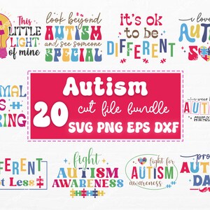 Puede incluir: Un conjunto de 20 archivos de corte digitales coloridos para proyectos de manualidades. Los dise&ntilde;os presentan frases sobre la concienciaci&oacute;n sobre el autismo, como "This little light of mine", "Look beyond autism and see someone special", "It's ok to be different", "I love my autism son", "Normal is boring", "I wear blue for autism awareness", "Different not less", "Fight autism awareness", "Fight for autism awareness", y "Proud autism dad".
